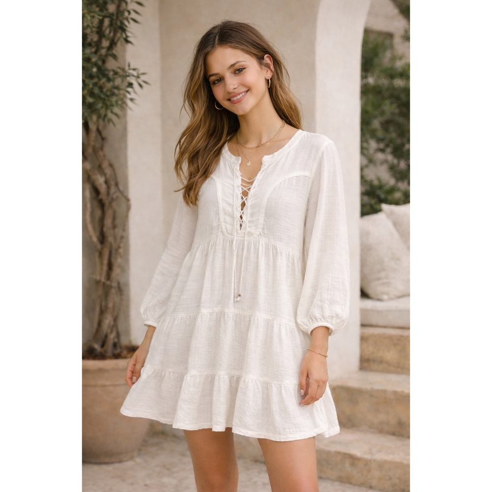 Easel Dress White A-Line Tiered Summer Graduation Boho Beach Size‎ M
